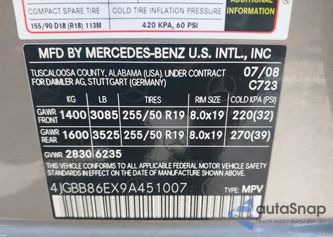 2009 Mercedes-Benz Ml 350 4Matic из США, поврежденный, VIN 4JGBB86EX9A451007